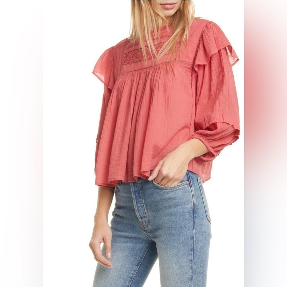 Free People Women’s Boho Flora Ruffle Oversized Crochet Top Salmon Pink Sz M - Picture 1 of 13